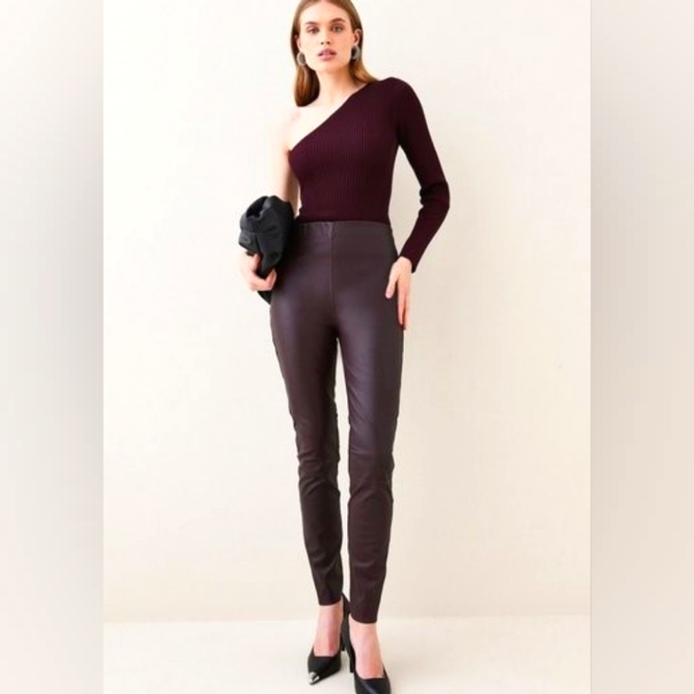 Karen Millen 100% nappa leather burgundy stretch leather legging US16